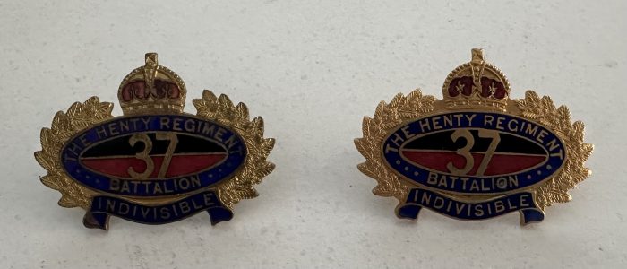 37th Battalion (The Henty Regiment) - Brass and Enamel Collar Badge Pair - 1930 to 1942