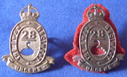28th Battalion (The Swan Regiment) - Brass Collar Badge Pair - 1930 to 1942
