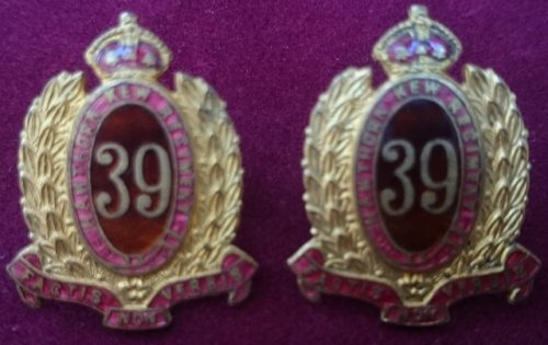39th Battalion (The Hawthorn-Kew Regiment) - Brass and Enamel Collar Badge Pair - 1930 to 1942