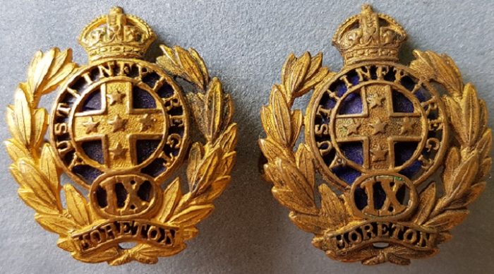 9th Australian Infantry (Moreton) Regiment - Brass and Enamel Officer Collar Badge Pair - 1900 to 1912